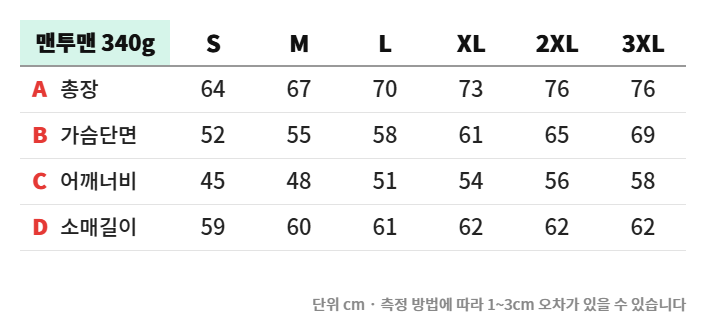 맨투맨 스탠다드 플러스 340g 실측 사이즈표