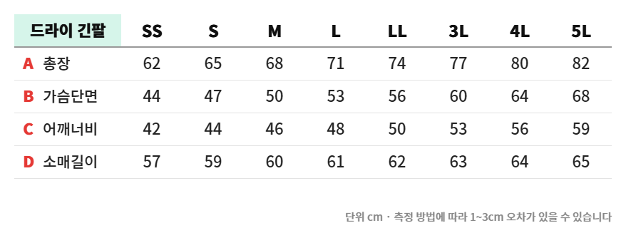 드라이 기능성 라운드 긴팔 티셔츠 실측 사이즈표
